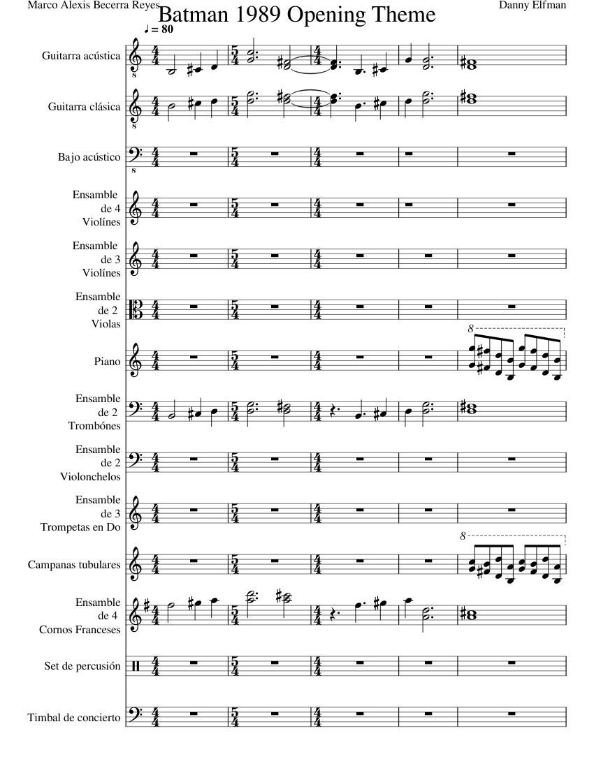 Batman 1989 Opening Theme Sheet music for Violin, Piano, Guitar, Bass