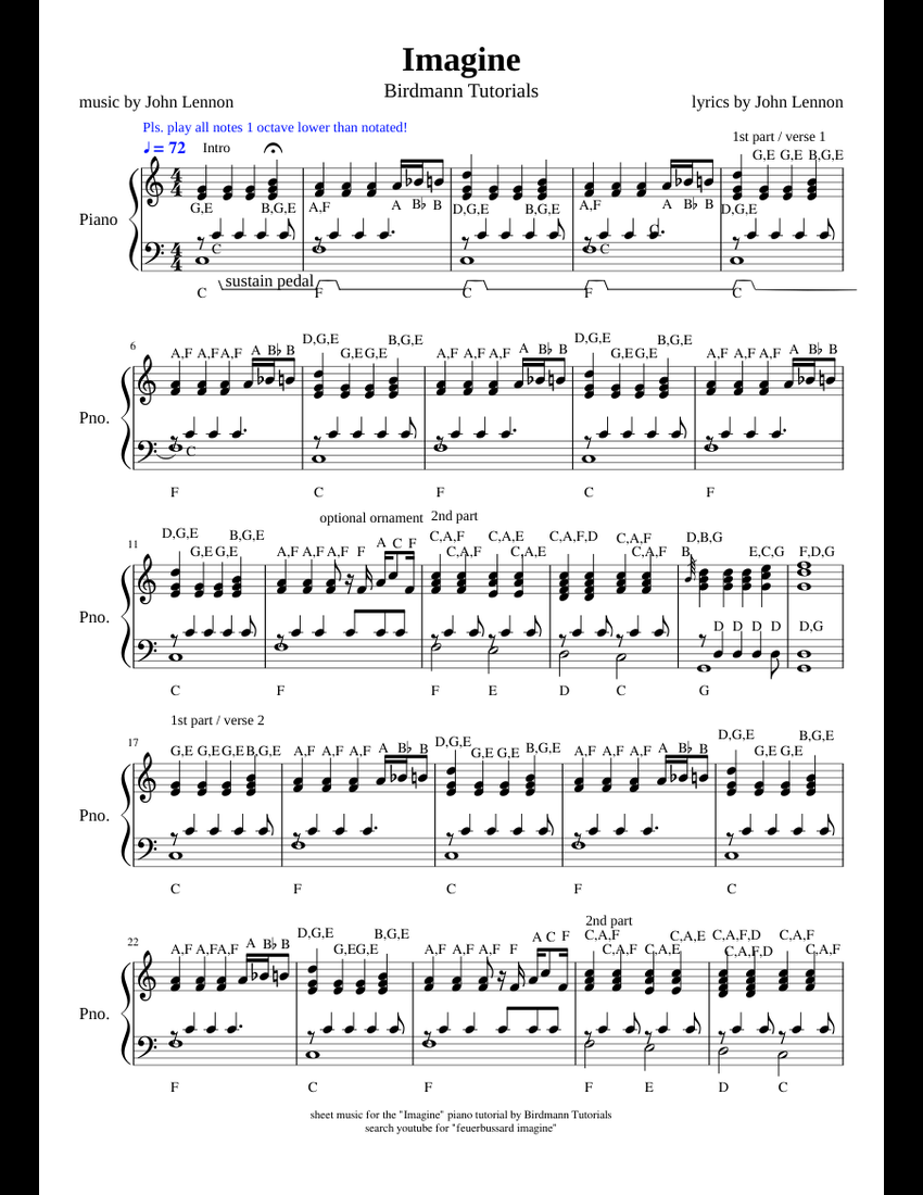 John Lennon Imagine sheet music for Piano download free in PDF or MIDI