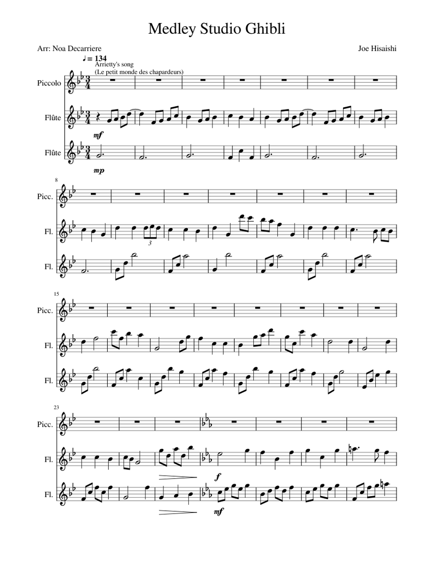 Medley Studio Ghibli Sheet music for Flute, Flute (Piccolo) (Mixed Trio