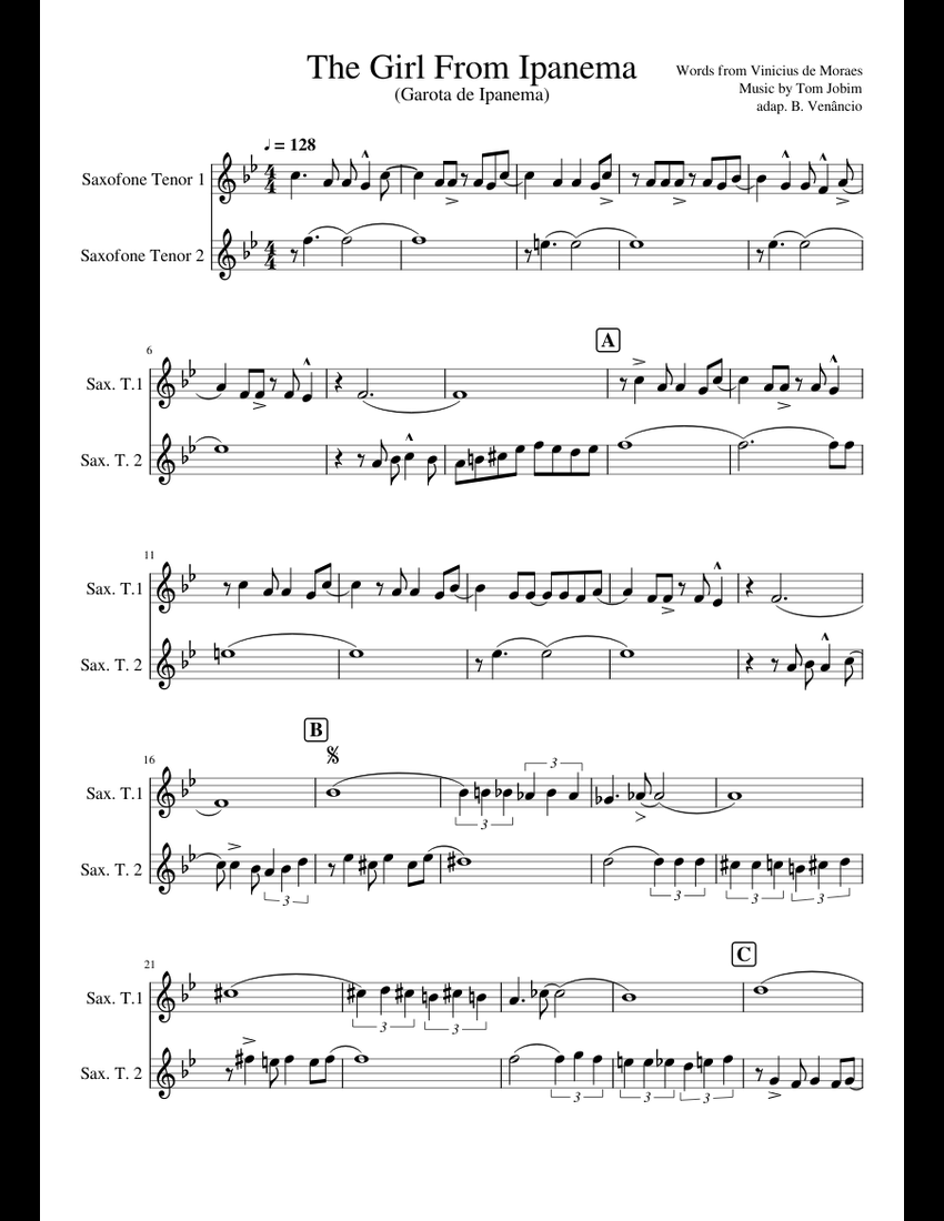 The Girl From Ipanema (Garota de Ipanema) Sax Tenor Duet sheet music