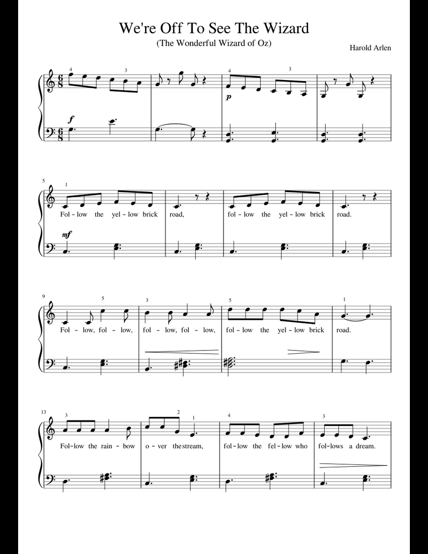 We're Off To See The Wizard easy version sheet music for Piano download