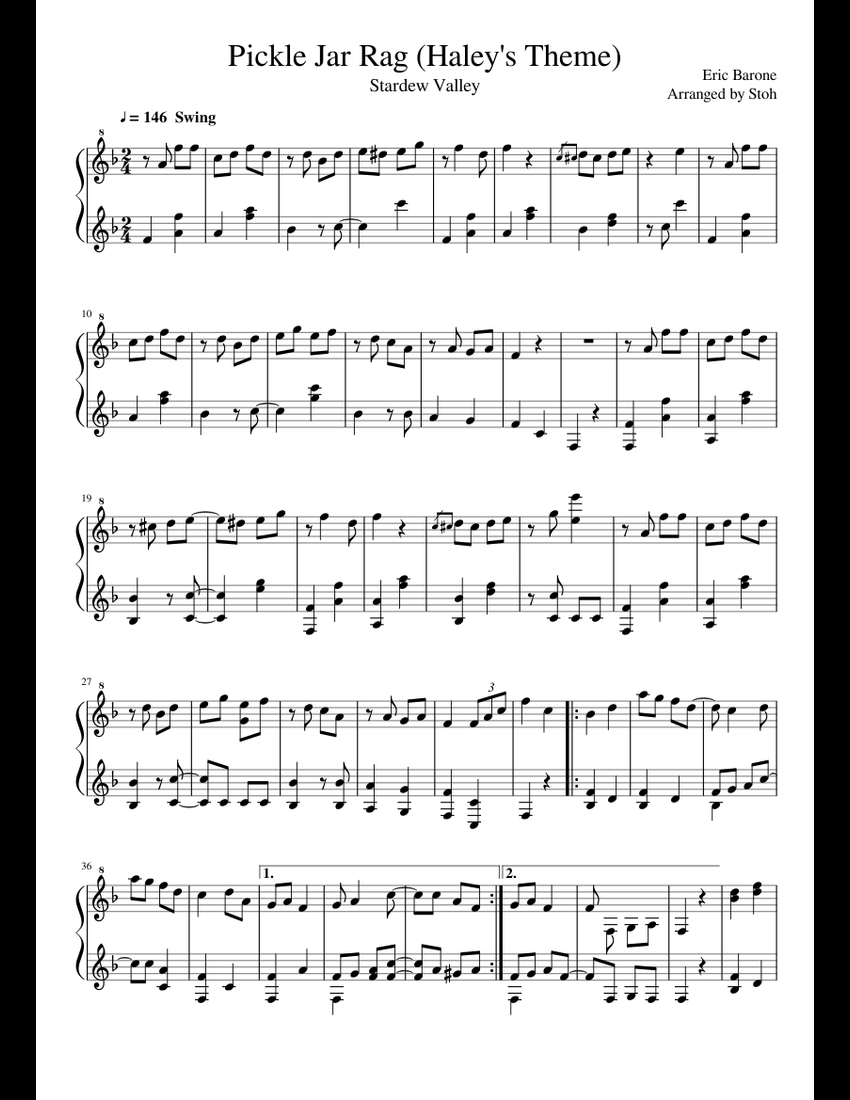 Stardew Valley - Pickle Jar Rag (Haley's Theme) sheet music for Piano