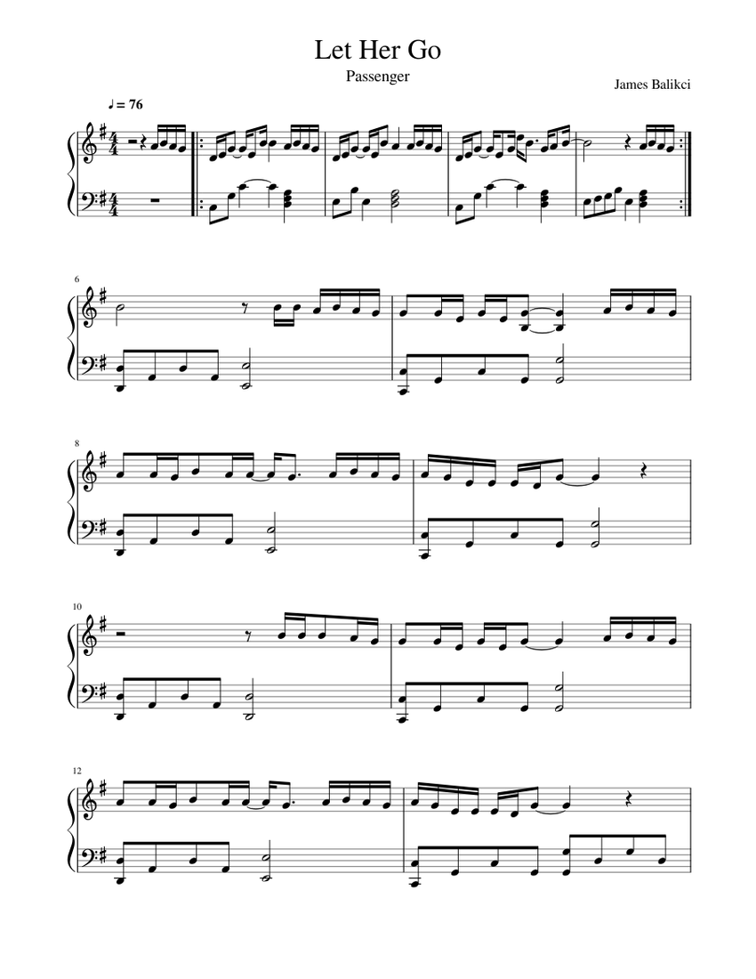 Let Her Go Piano Notes