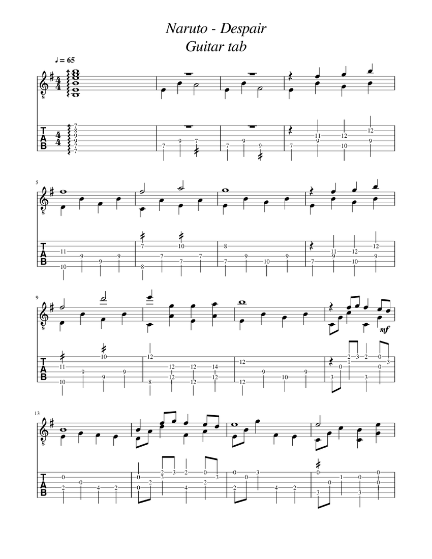 Naruto Despair Tab Sheet music for Guitar Download free in PDF or MIDI