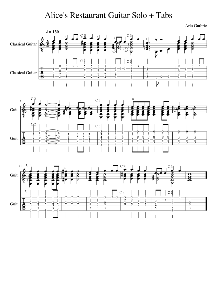 Alice's Restaurant. Plectrum guitar solo. + tabs Sheet music