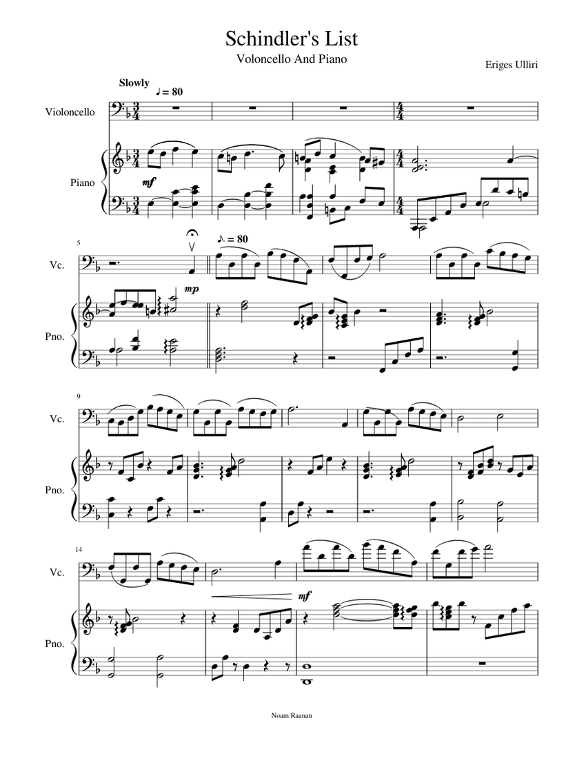Schindlers List Theme Sheet music for Piano, Cello (Solo) | Musescore.com