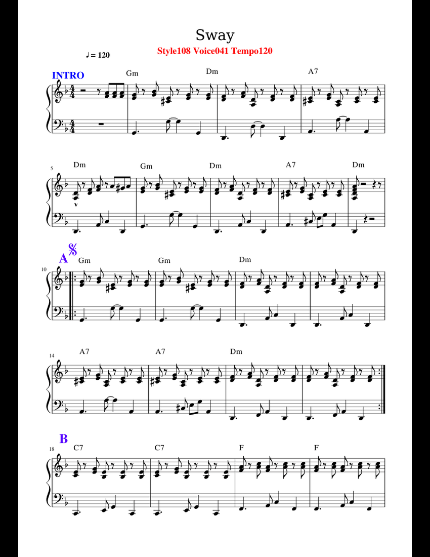Sway sheet music for Piano download free in PDF or MIDI