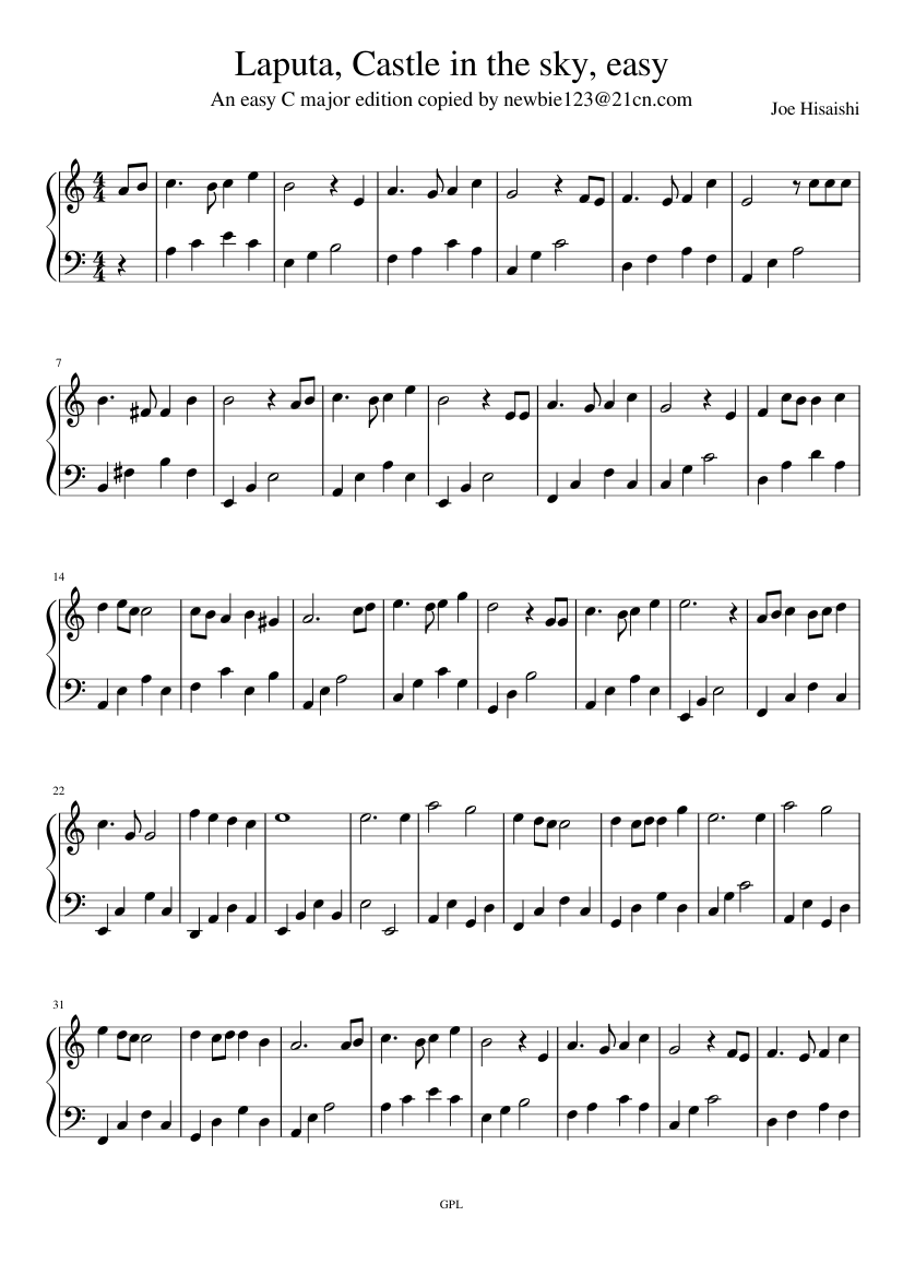 Laputa, Castle in the sky, easy sheet music composed by Joe Hisaishi – 1 of 2 pages