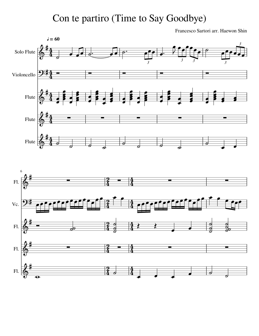 Con Te Partiro Time To Say Goodbye Sheet Music For Flute Cello