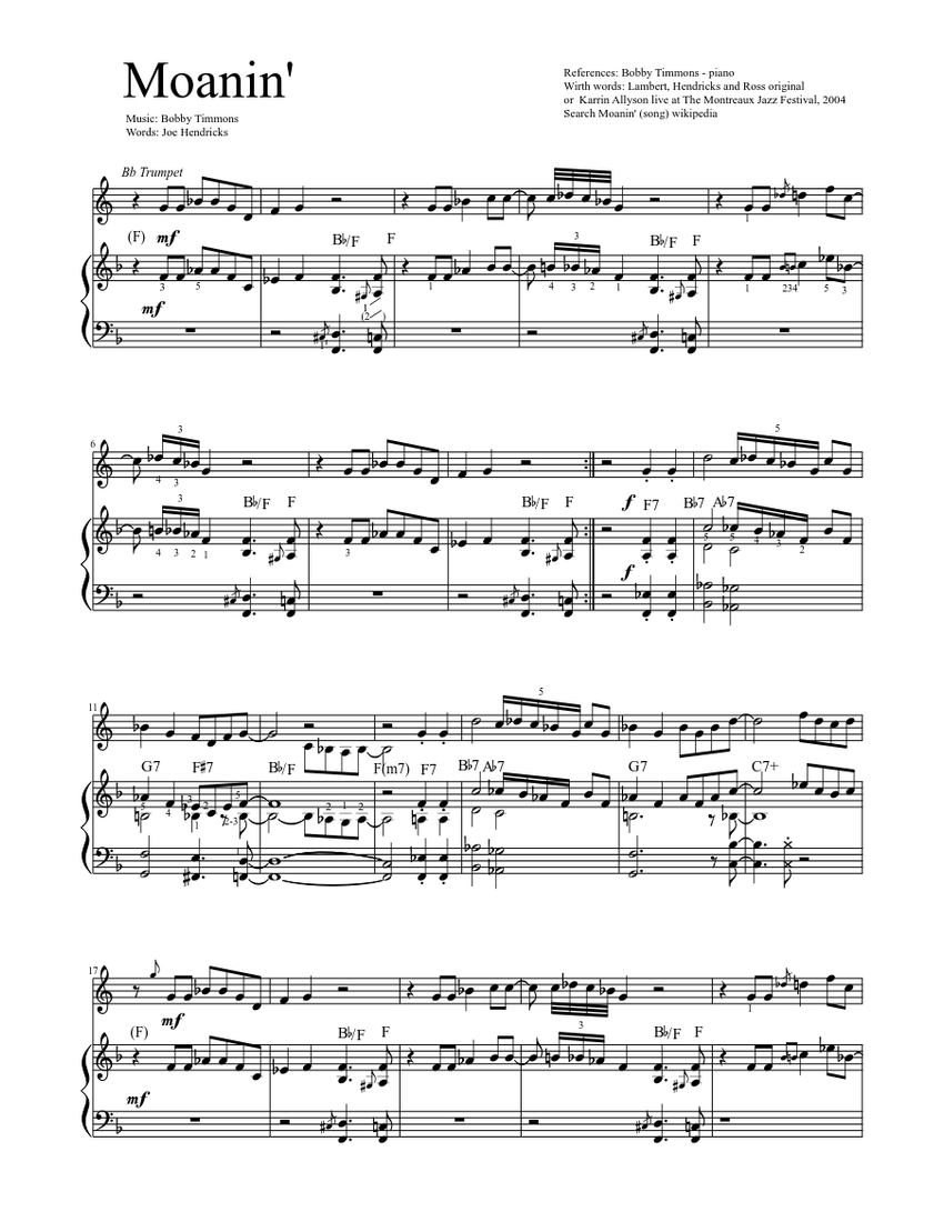 Moanin' with trumpet Sheet music for Piano, Trumpet