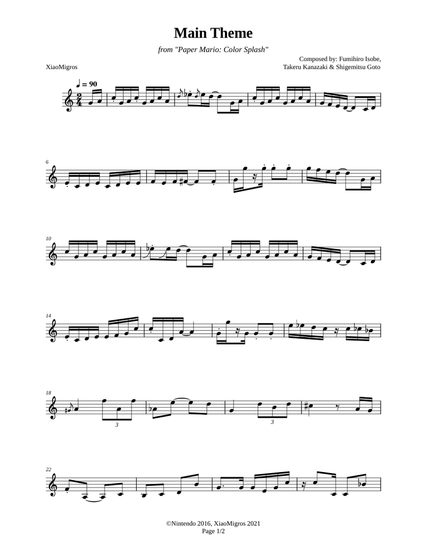 Main Theme - Paper Mario Color Splash Sheet music for Piano (Solo ...