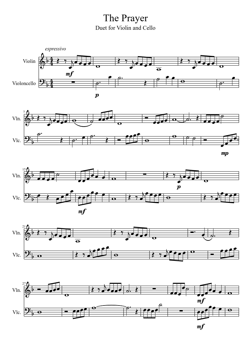 The Prayer Violin and Cello Duet sheet music for Violin, Cello download