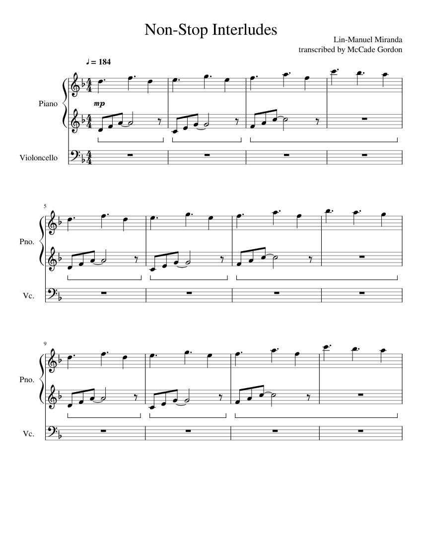 Non Stop (Hamilton) Piano Interludes sheet music for Piano, Cello