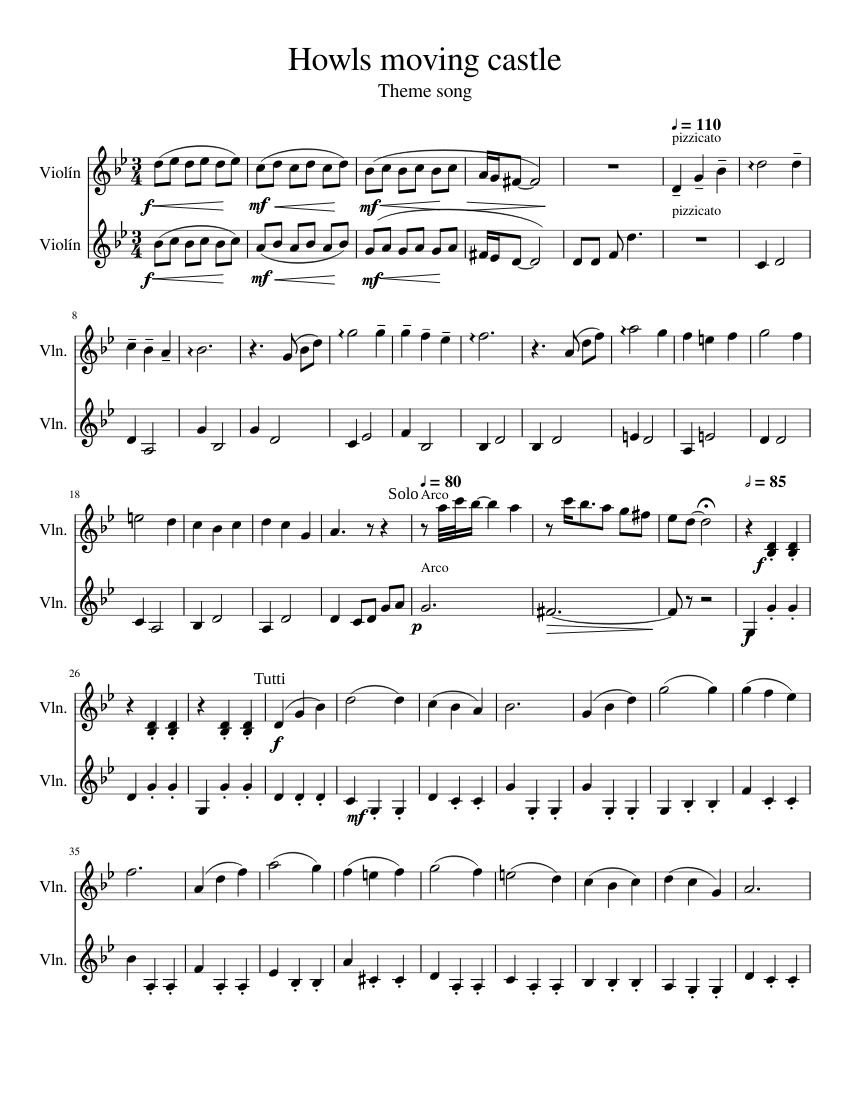 Howls moving castle violin duet sheet music for Violin download free in