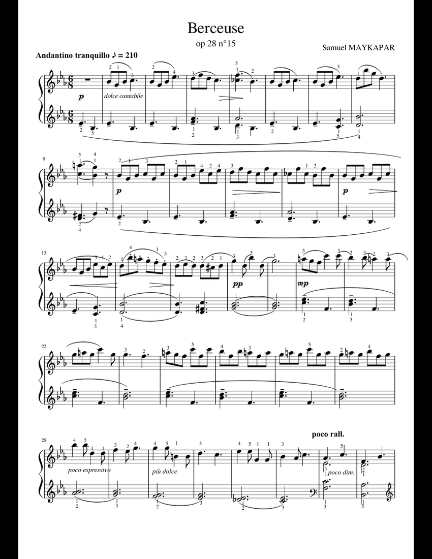 Berceuse de Samuel Maykapar op 28 n°15 sheet music for Piano download ...