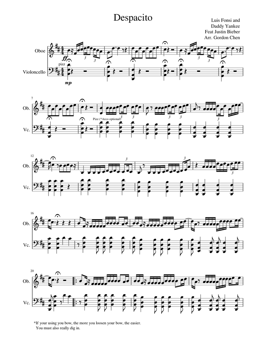 DespacitoOboe and Cello duet (New) Sheet music for Oboe, Cello