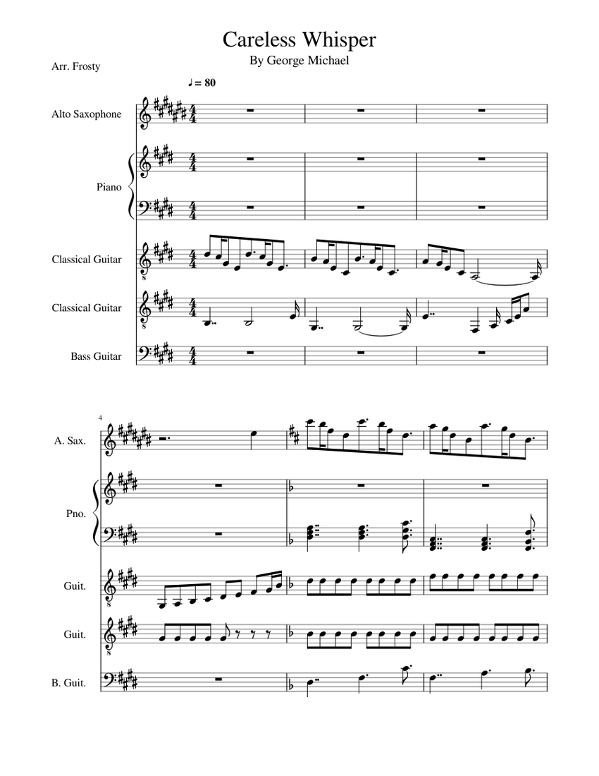 Careless Whisper Sheet music for Piano, Alto Saxophone, Guitar, Bass | Download free in PDF or ...