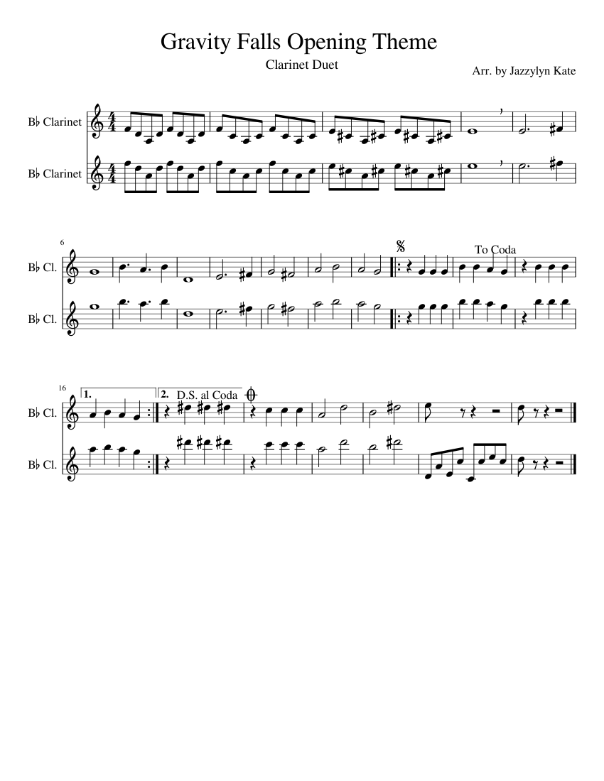 Gravity Falls Opening Theme Clarinet Duet Sheet Music For Clarinet