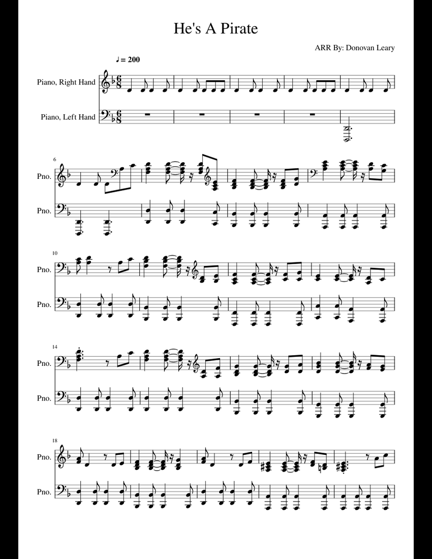 Pirates of the Caribbean - He's a Pirate piano version sheet music for