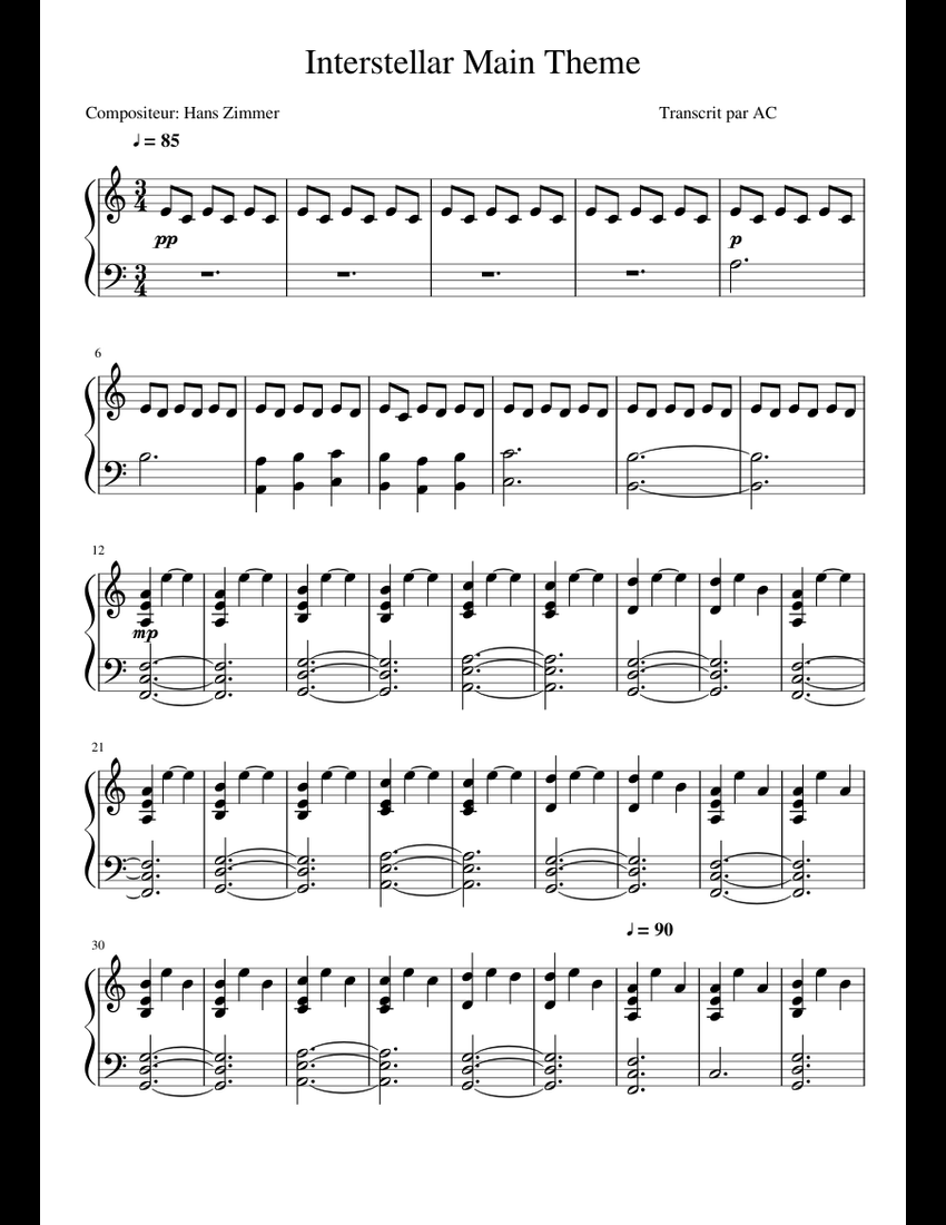 Interstellar Main Theme sheet music for Piano download free in PDF or MIDI