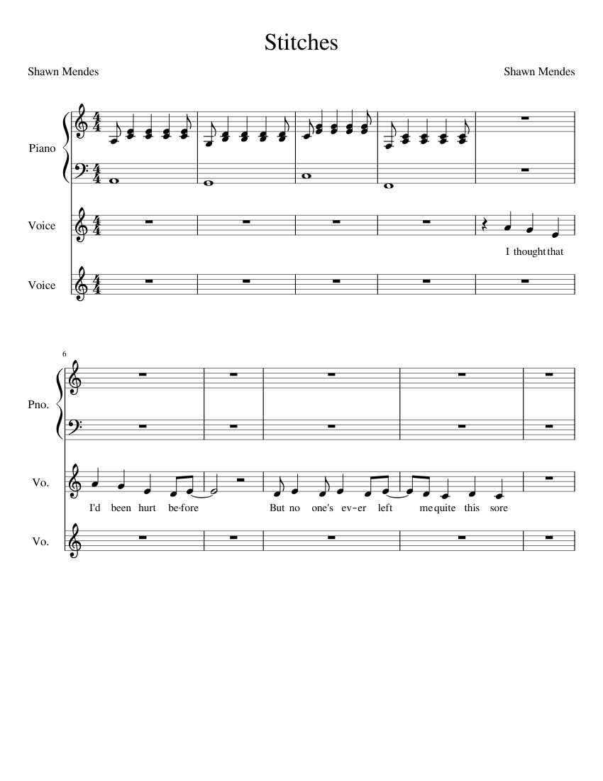 Stitches Sheet Music For Piano Vocals Mixed Trio Musescore Com