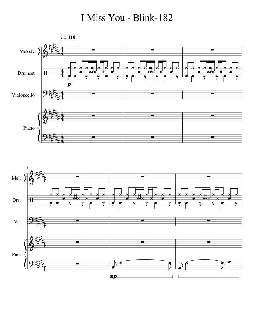 I Miss You Blink 182 Sheet music for Piano, Percussion, Cello