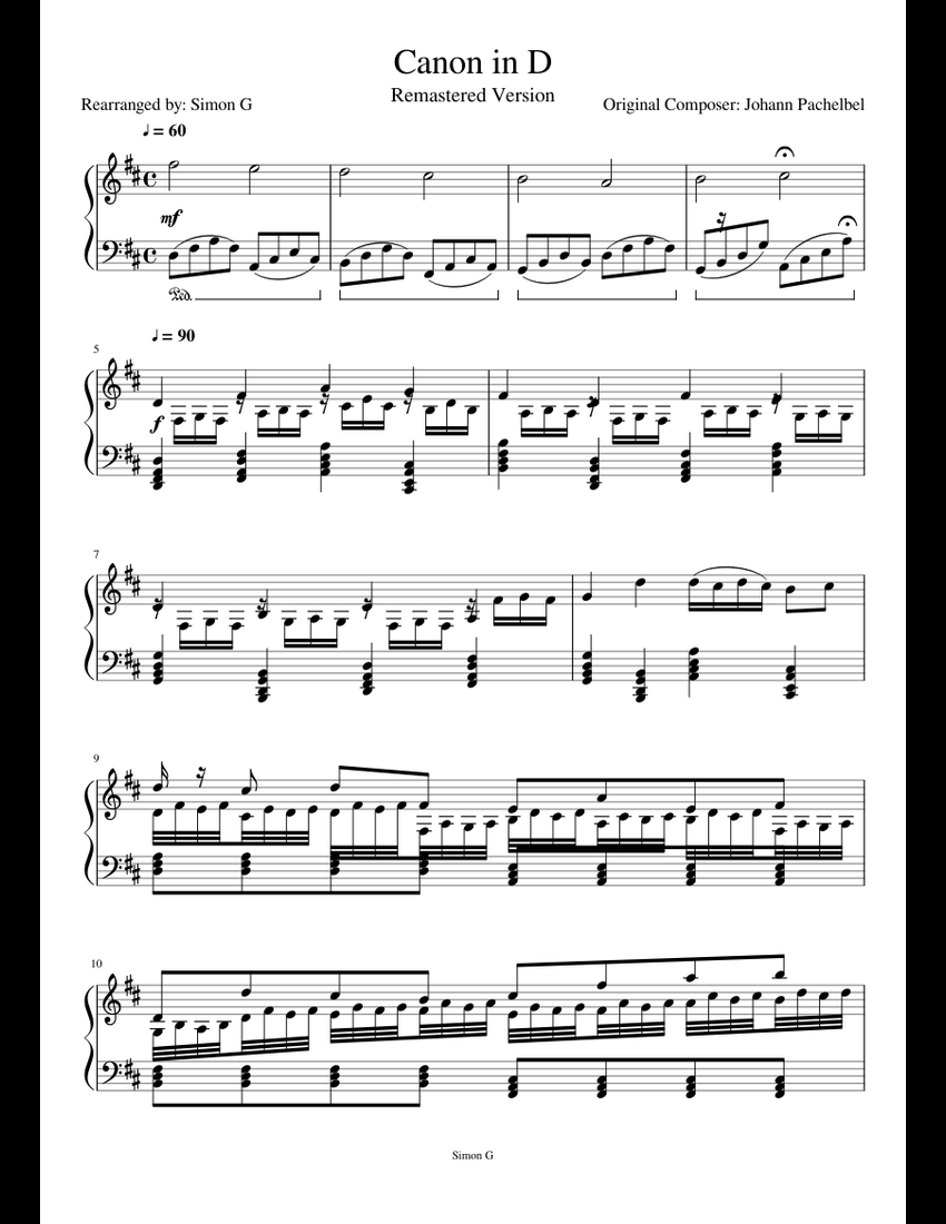 Canon in D (Remastered) sheet music for Piano download free in PDF or MIDI