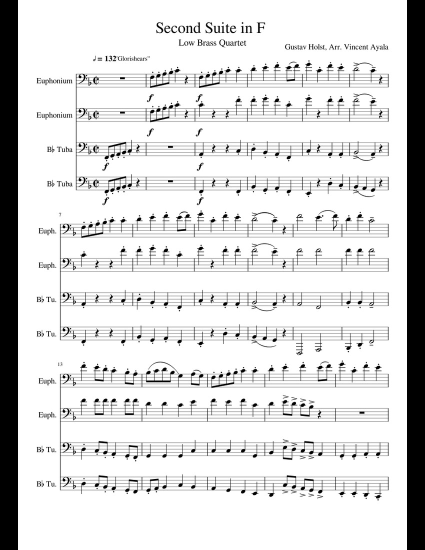 Second Suite in F Low Brass Quartet sheet music for Tuba download free ...