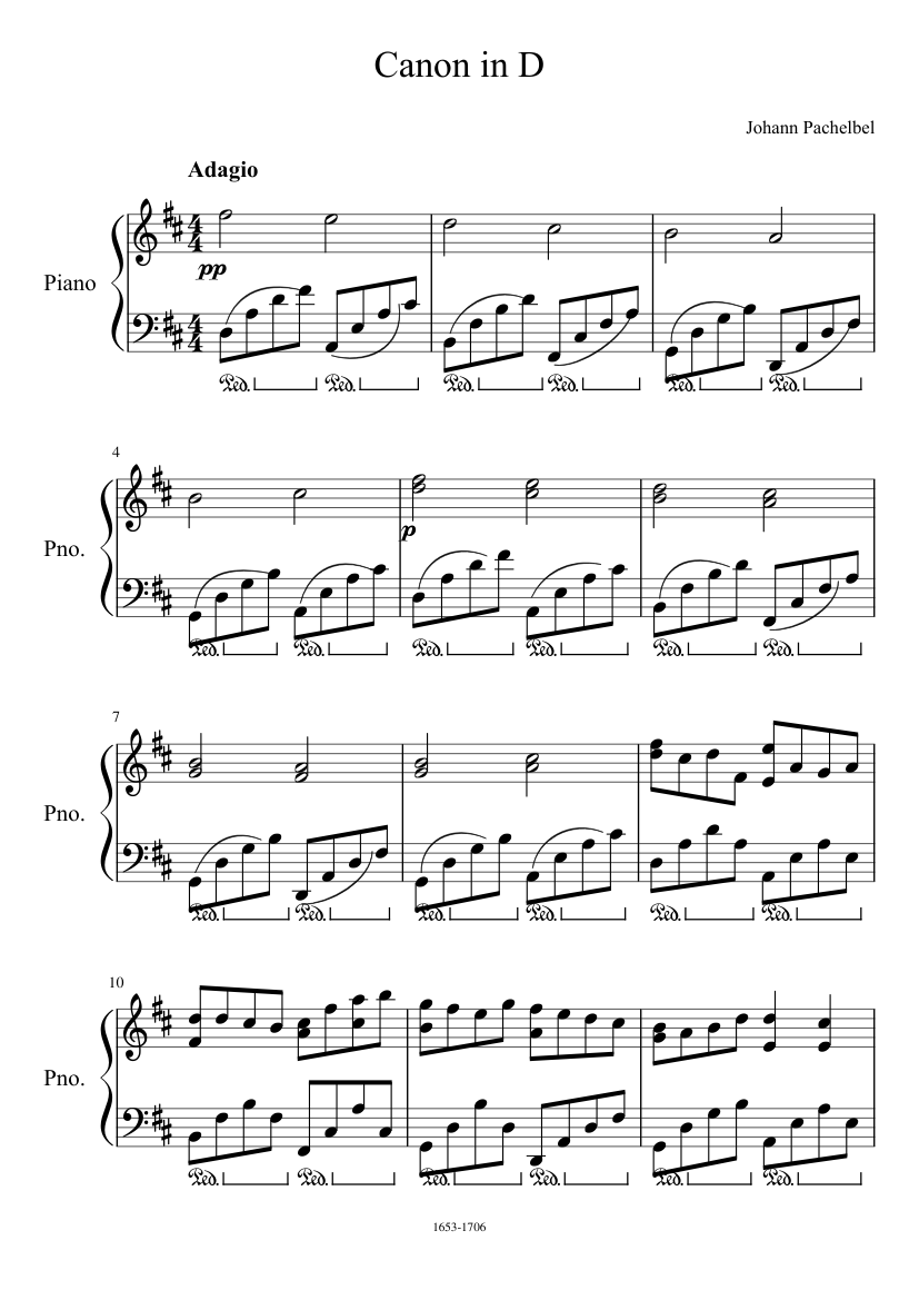 Canon in D sheet music for Piano download free in PDF or MIDI