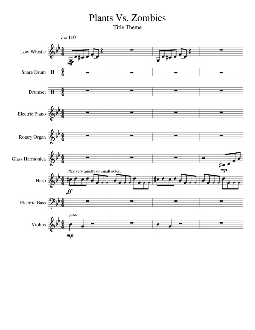 Title Theme Plants Vs Zombies Sheet Music For Drum Group Strings Group Snare Drum Bass More Instruments Mixed Ensemble Musescore Com - piano sheets in roblox free roblox zombie games