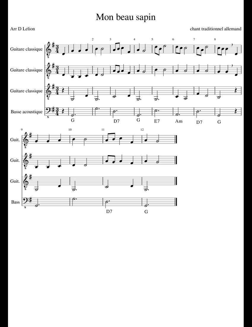 Mon beau sapin sheet music for Guitar, Bass download free in PDF or MIDI