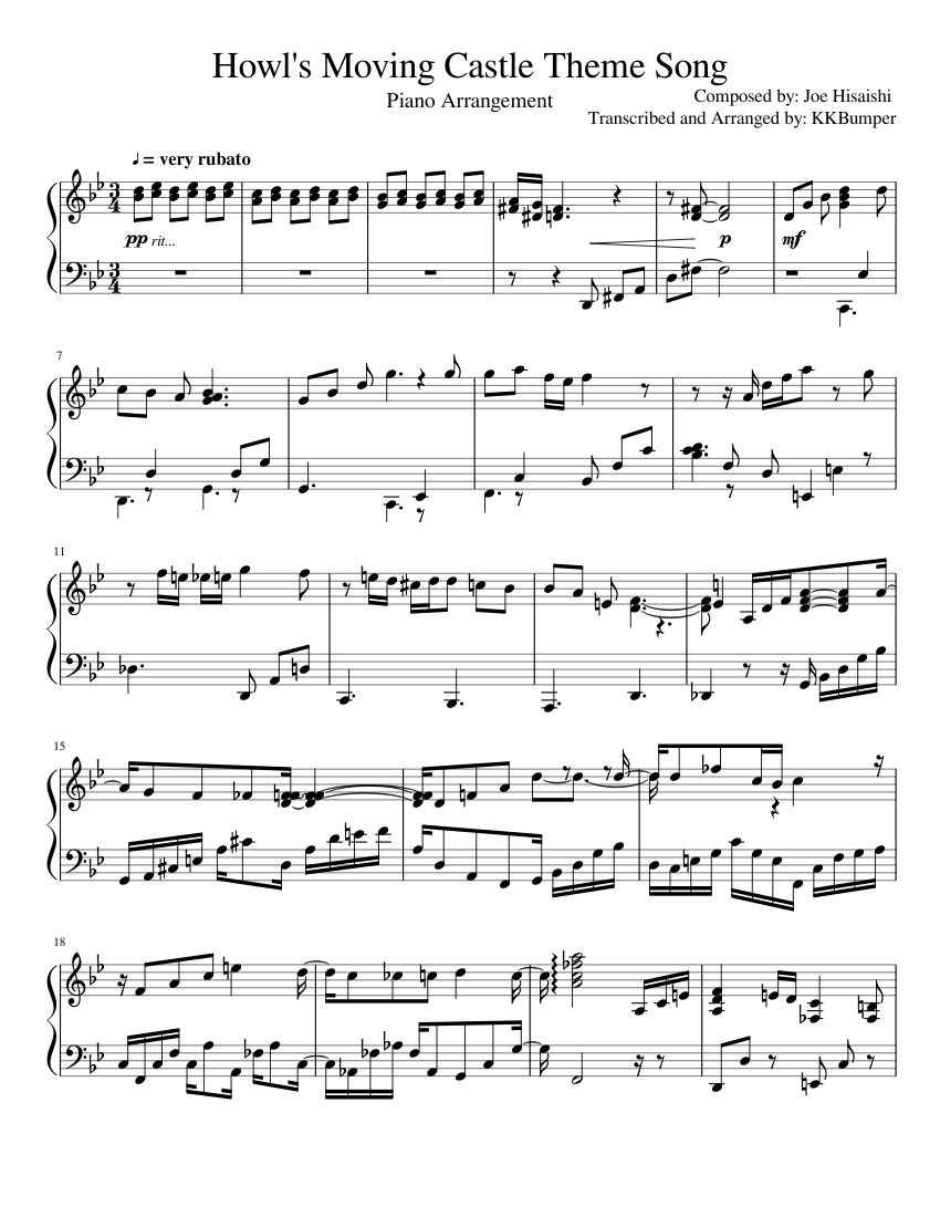 Howl's Moving Castle Theme Song sheet music composed by Composed by: Joe Hisaishi Transcribed and Arranged by: KKBumper – 1 of 2 pages