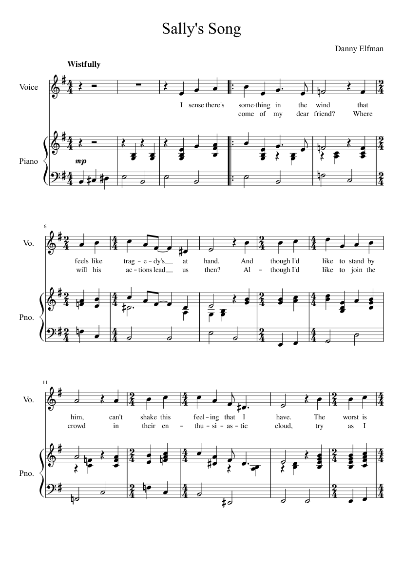 Sally's Song - The Nightmare Before Christmas sheet music for Piano, Voice download free in PDF ...