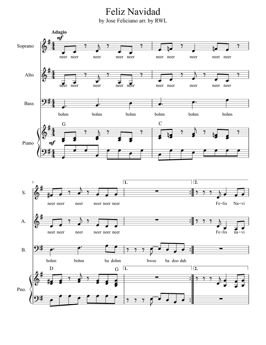 Feliz Navidad Sheet music for Piano, Voice | Download free in PDF or