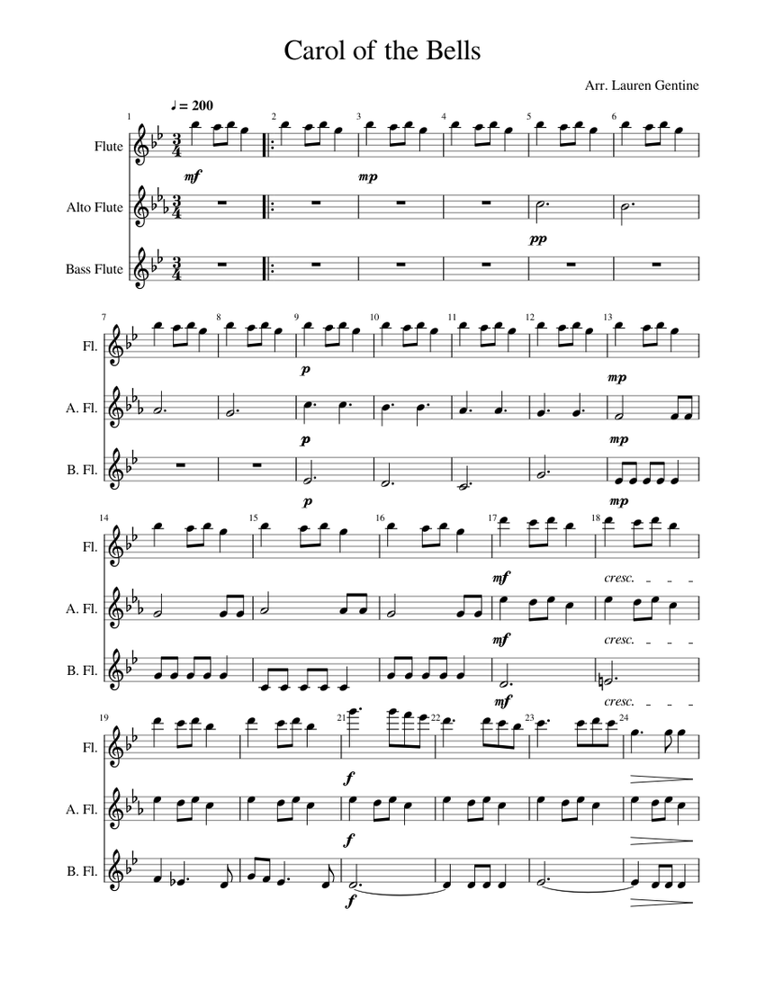 Carol of the Bells Sheet music for Flute, Flute (Alto), Flute (Bass) (Mixed Trio) | Musescore.com
