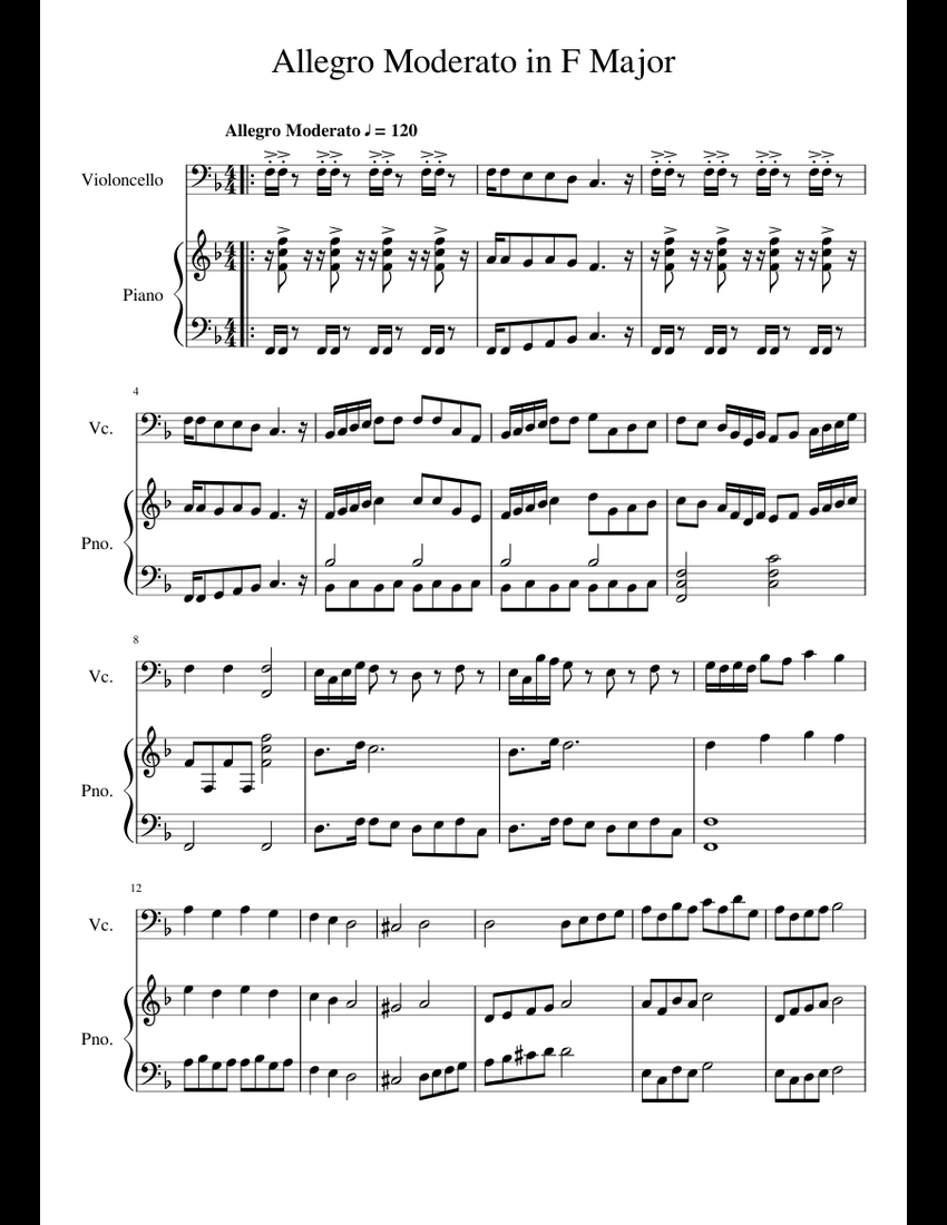 Allegro Moderato in F Major sheet music for Piano, Cello download free ...