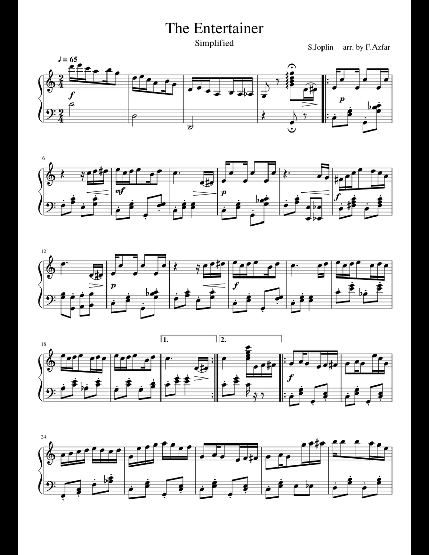 The Entertainer Simplified sheet music for Piano download free in PDF ...