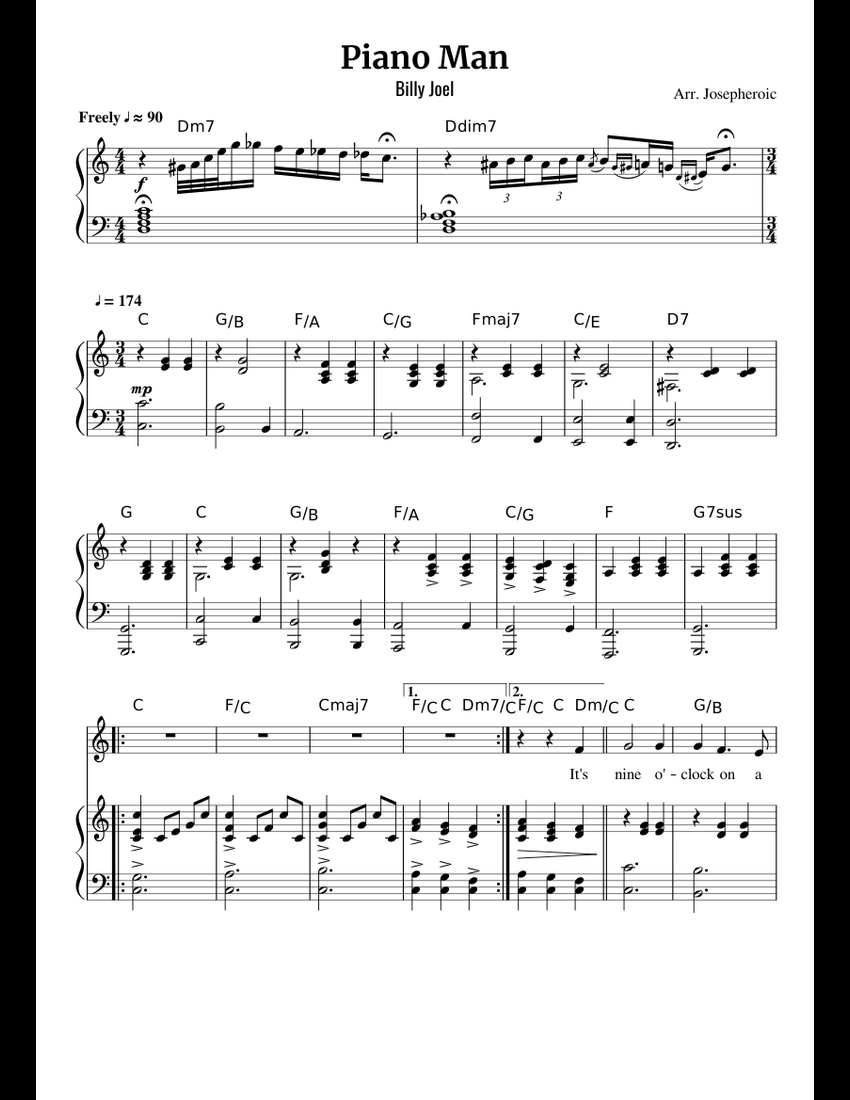 Piano Man (the original live version) sheet music for Flute, Piano