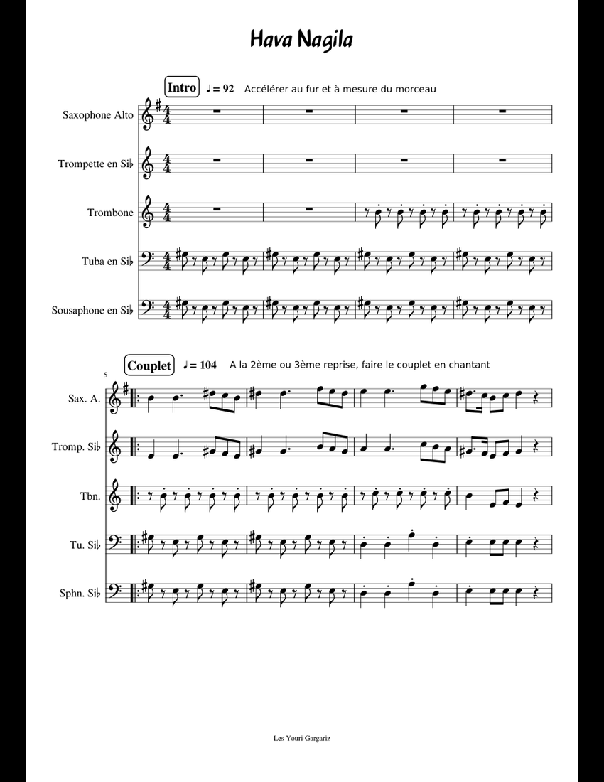 Hava Nagila sheet music for Alto Saxophone, Trumpet, Trombone, French