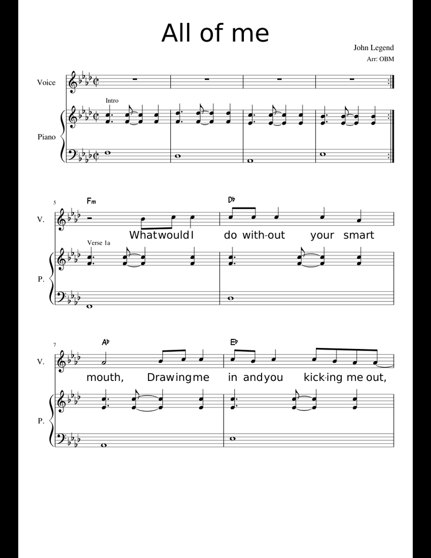 All of Me John Legend Piano & Voice sheet music for Piano, Voice