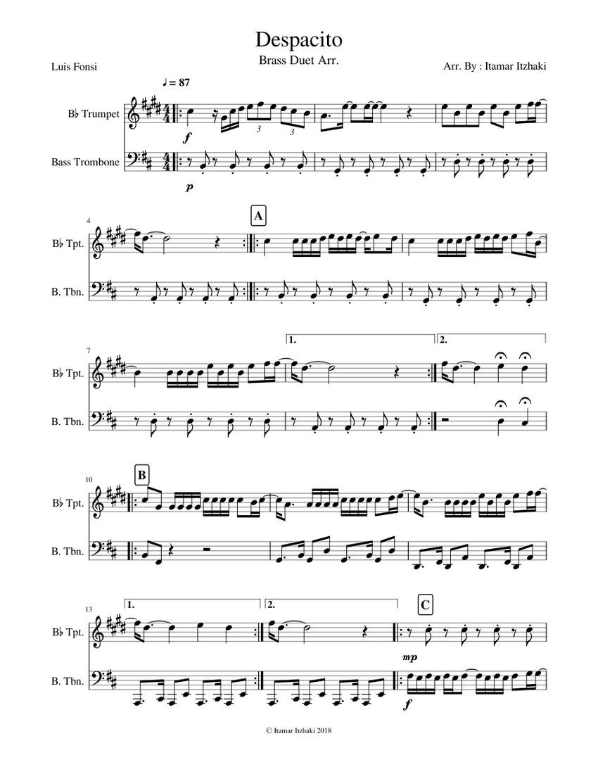 Despacito - Brass Duet Arr. Sheet music for Trumpet (In B Flat ...