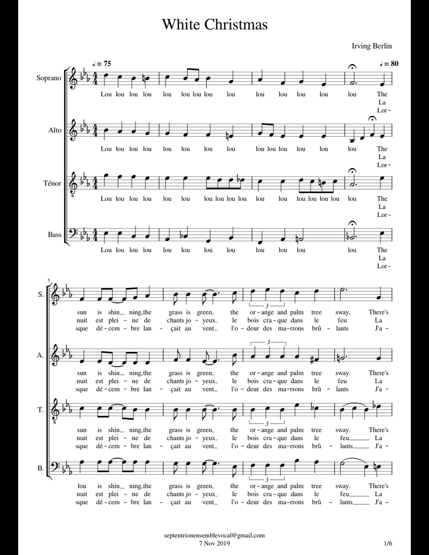 White Christmas Noel blanc choral SATB sheet music for Harp, Viola