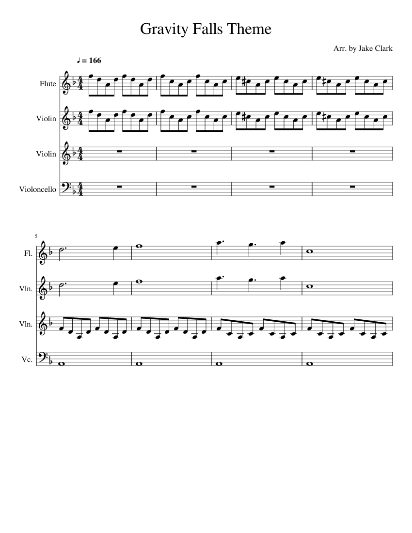 Gravity Falls Theme Sheet Music For Flute Violin Cello