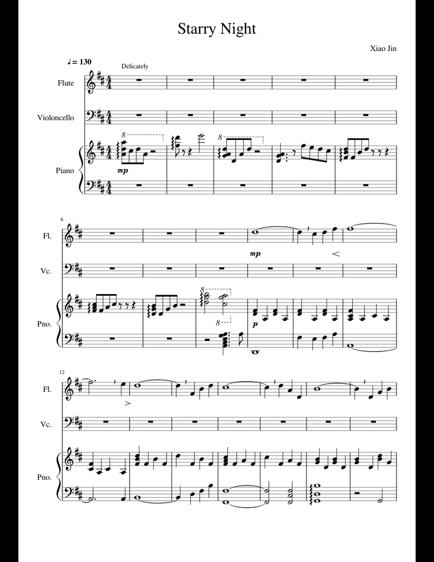 Starry Night sheet music for Flute, Piano, Cello download free in PDF ...