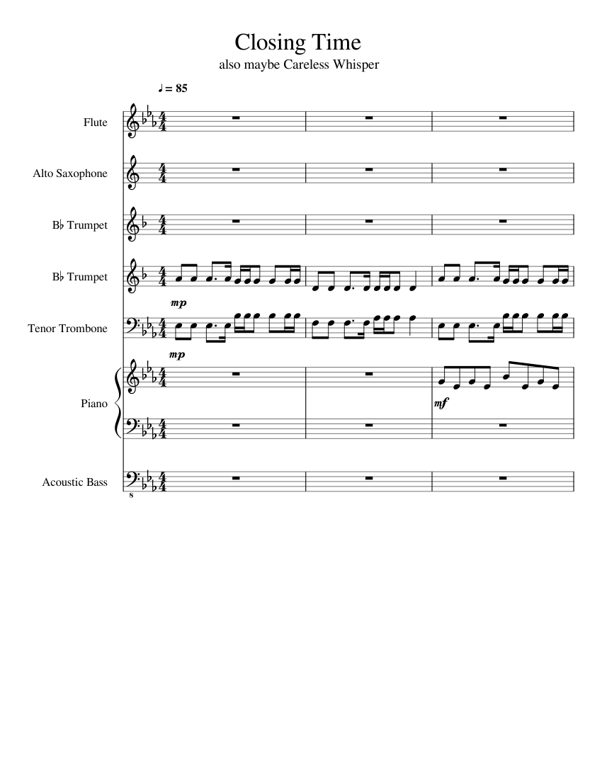 Closing Time Sheet music for Flute, Piano, Alto Saxophone, Trumpet
