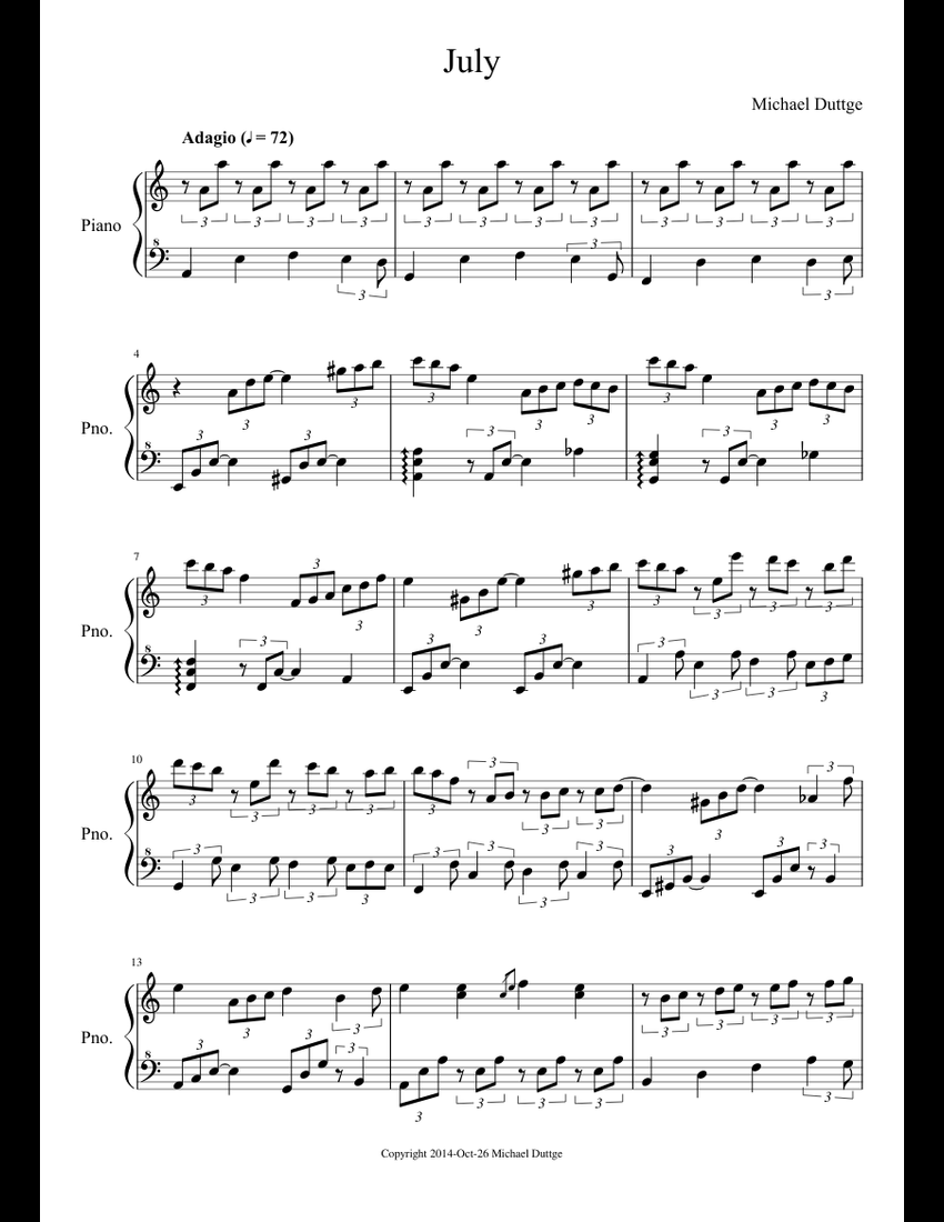 July sheet music for Piano download free in PDF or MIDI
