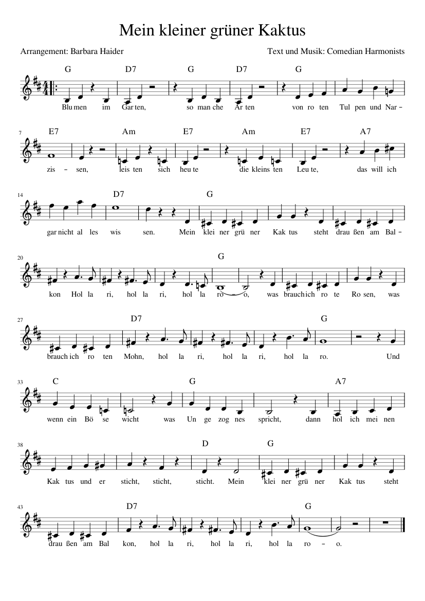 Mein kleiner grüner Kaktus sheet music for Piano download free in PDF