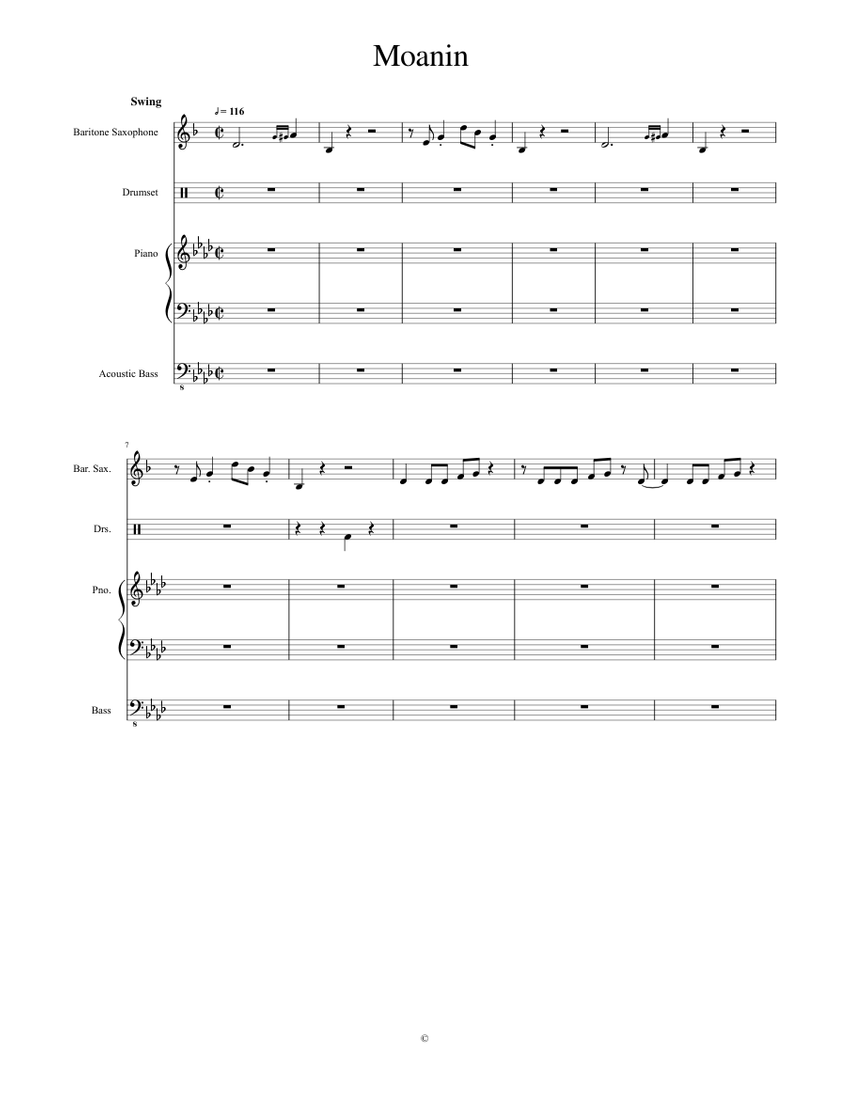 Moanin Quartet Sheet music for Piano, Baritone Saxophone, Percussion