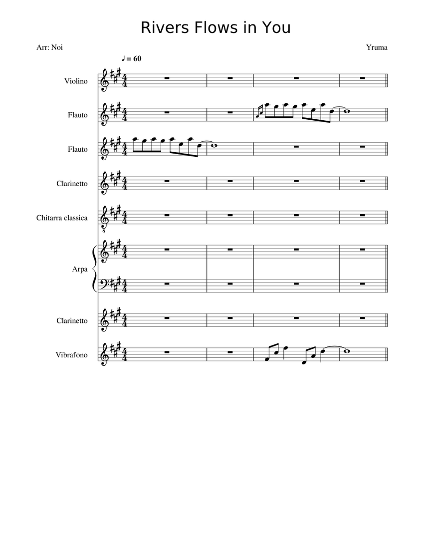 Rivers Flows in You Sheet music for Violin, Flute, Clarinet, Guitar