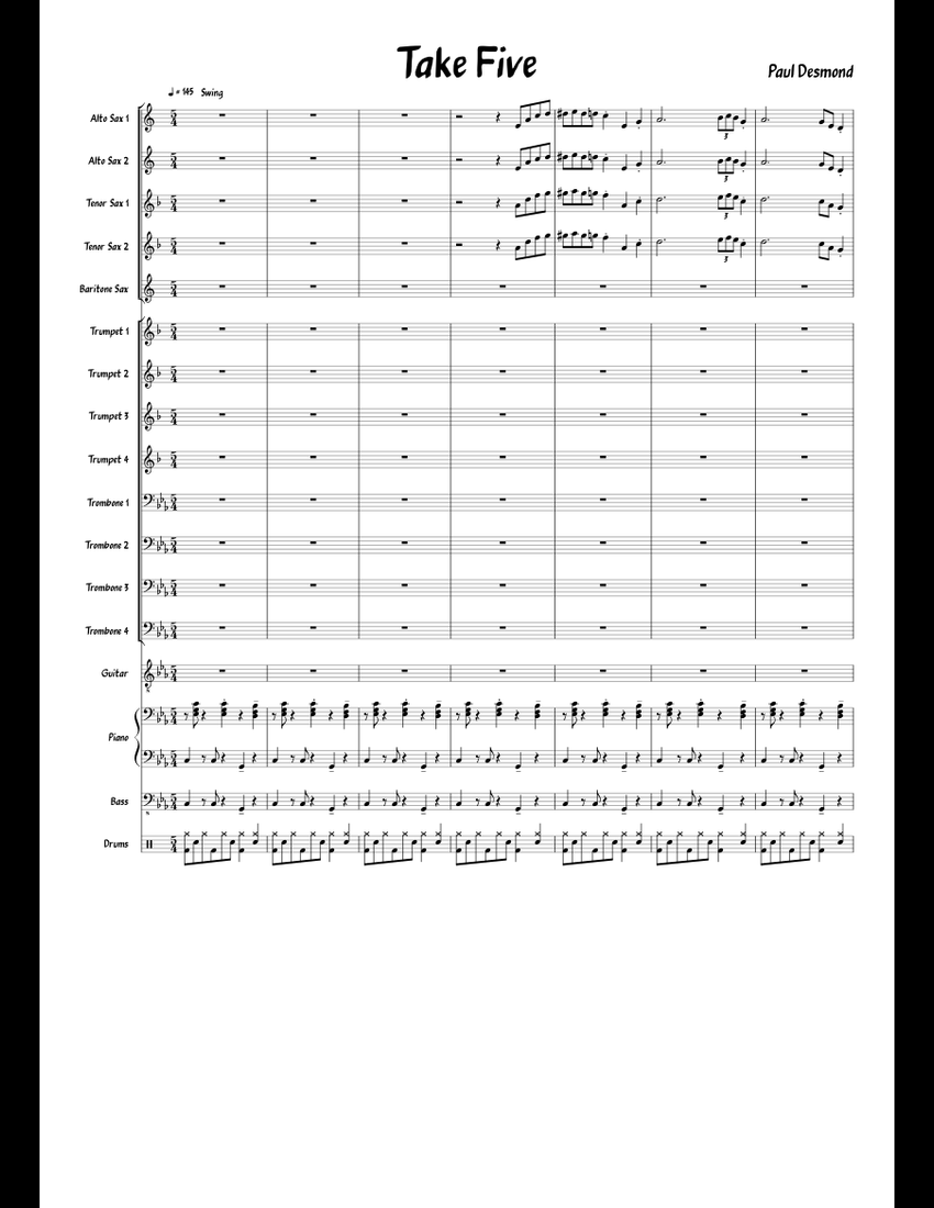Jazz Band: Take Five sheet music for Piano, Alto Saxophone, Tenor ...